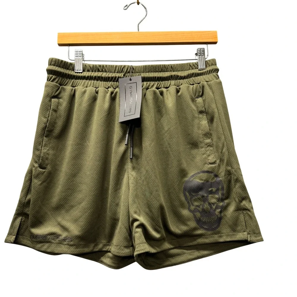Gymreapers Mesh Shorts Mens L Core Skull Graphic Olive Green Activewear NEW